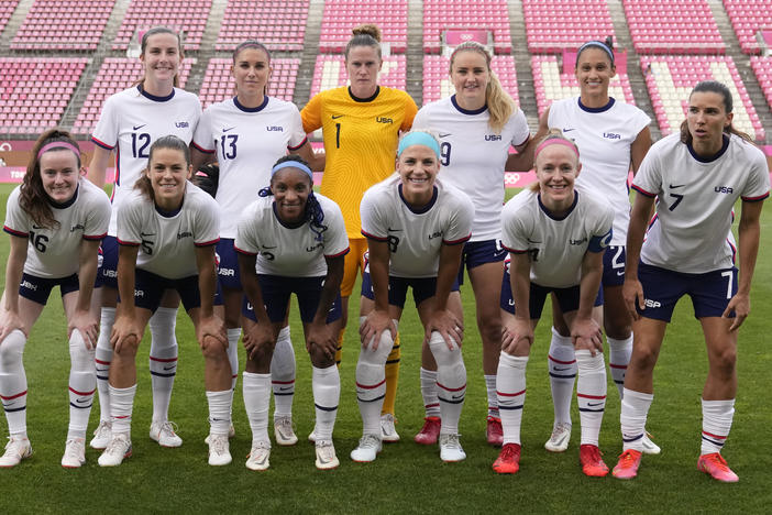On Tuesday, members of of the U.S. National Women's Soccer team, pictured at the 2020 Tokyo Summer Olympics, marked Equity Pay Day in a panel discussion with Vice President Kamala Harris.