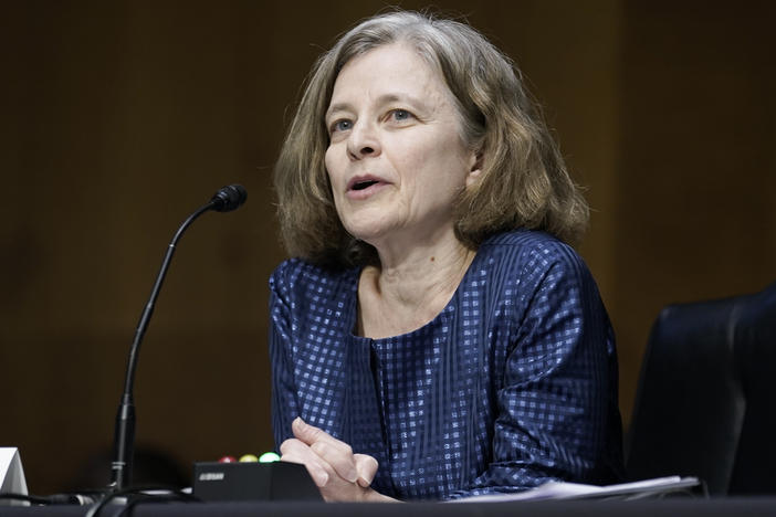 Sarah Bloom Raskin speaks during her confirmation hearing at the Senate Banking Committee on Feb. 3 in Washington, D.C. Raskin on Tuesday withdrew her nomination to a key Fed banking role.