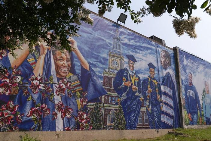 A graduation themed mural is seen in July 2021 on the Howard University campus in Washington.