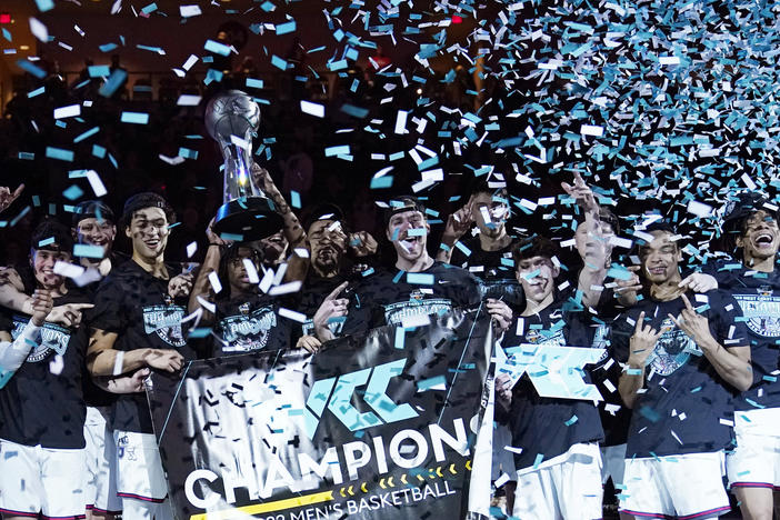 Gonzaga players celebrate after defeating Saint Mary's in an NCAA college basketball championship game at the West Coast Conference tournament on March 8 in Las Vegas.