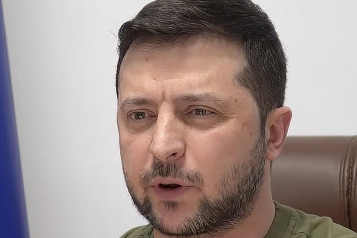 Ukrainian President Volodymyr Zelenskyy speaks to members of the U.S. Congress from Kyiv in this image from video provided by the Ukrainian Presidential Press Office and posted on Facebook.