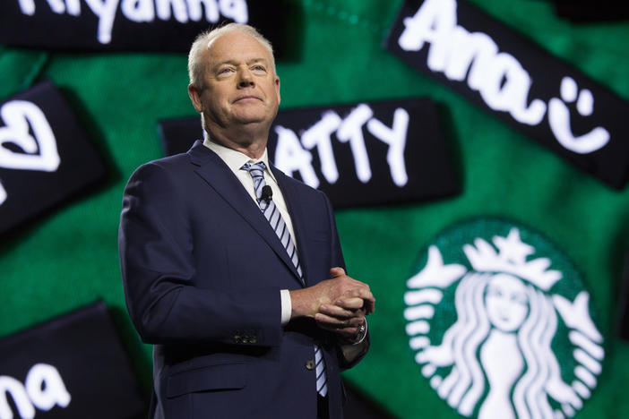 Starbucks President and Chief Executive Officer Kevin Johnson speaks at the Annual Meeting of Shareholders in Seattle, Washington on March 20, 2019. The company announced his departure just hours before the 2022 shareholders meeting.