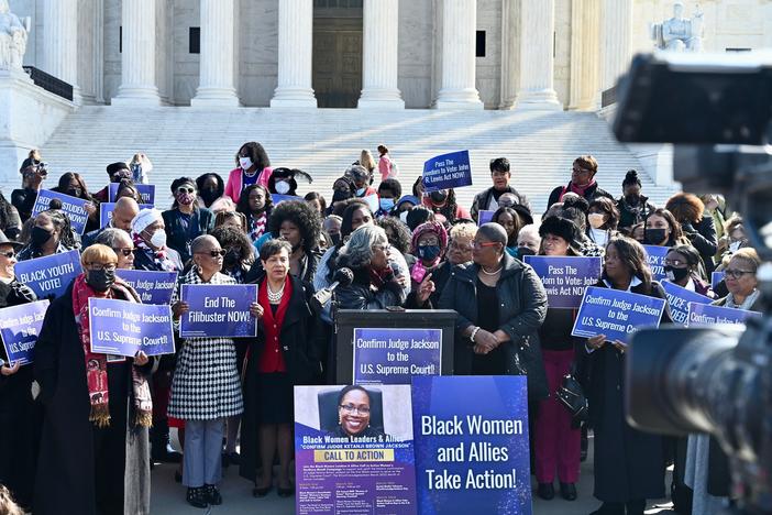 Activists hold a news conference in front of the U.S. Supreme Court on March 10 asking for the confirmation of Judge Ketanji Brown Jackson to the court.