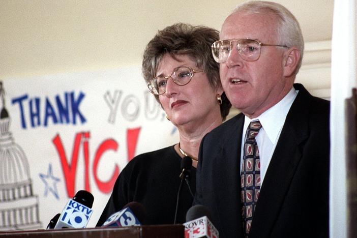 Rep. Vic Fazio, joined by his wife Judy, announces to a gathering of friends and supporters in the Woodland Hote, in Woodland, Calif., on Nov. 17, 1997, that he will not seek re-election to the House of Representatives next term, following a 10-term career in Congress.