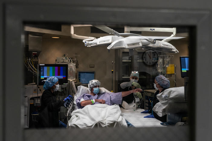 A kidney donor Michael Wingard is being prepared by medical professionals for kidney extraction surgery in an operation room in Houston Methodist Hospital on March 1, 2022 in Houston, Texas.