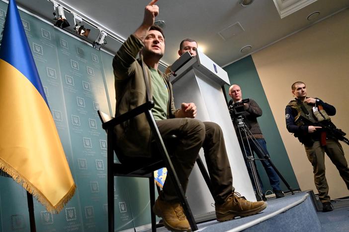 Ukrainian President Volodymyr Zelensky gestures as he speaks during a press conference in Kyiv on March 3, 2022.