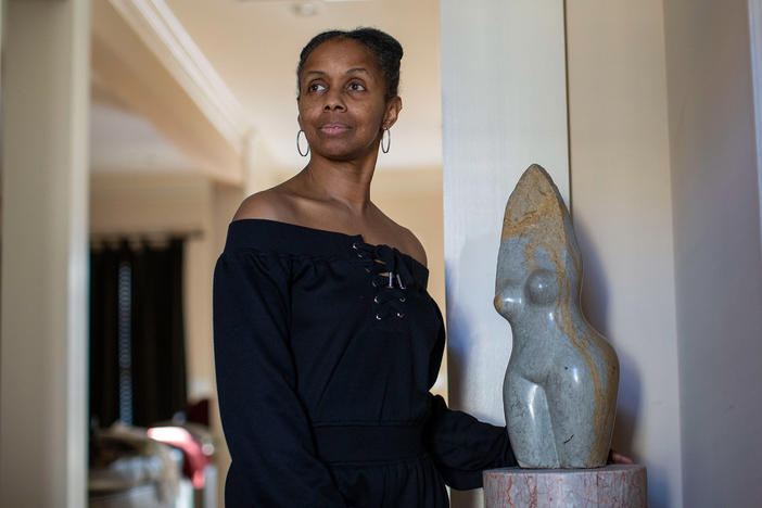 Women's health advocate Tanya Leake, photographed at her home on March 1, 2022. Leake founded numerous initiatives to help raise awareness about uterine fibroids after experiencing them herself.