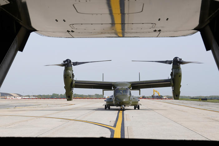 A U.S. Marine Corps Osprey aircraft taxies behind an Osprey carrying members of the White House press corps at Andrews Air Force Base, Md., on April 24, 2021. Four Marines were killed in in the crash of a V-22B Osprey in Norway, Norway's armed forces said.