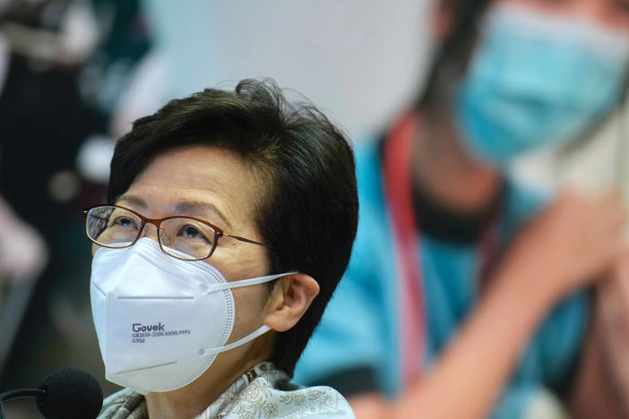 Hong Kong Chief Executive Carrie Lam listens to a reporter's question during a news conference in Hong Kong, on Monday.