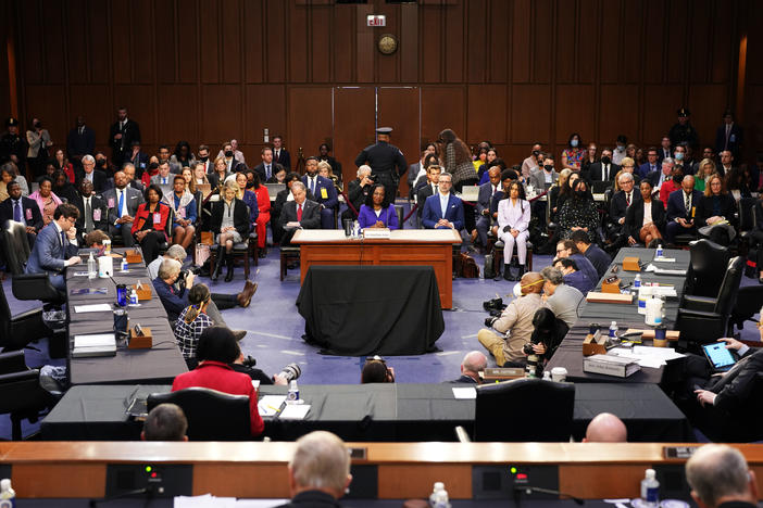 U.S. Supreme Court nominee Ketanji Brown Jackson arrives for her confirmation hearing before the Senate Judiciary Committee on Capitol Hill on Monday in Washington, D.C.