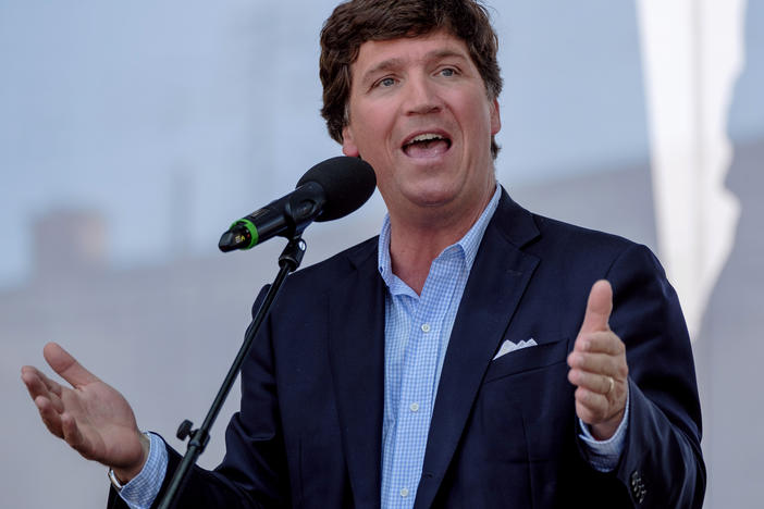 Tucker Carlson speaks during the Mathias Corvinus Collegium (MCC) Feszt last summer in Esztergom, Hungary.