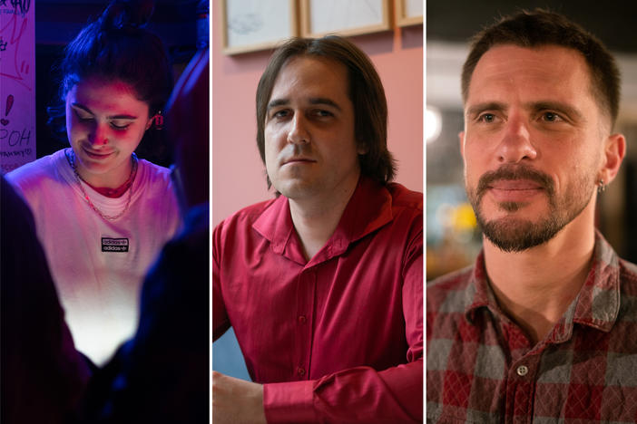 Left to right: Alexey Voloshinov, 20, Nastasya Dubovitskaya, 23, Leonid Kabanov, 30, and Lev Kalashnikov, 35, are all Russians who are living in Tbilisi, Georgia, after leaving their country in recent weeks.