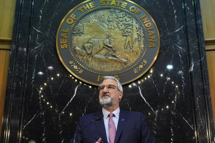 Indiana Gov. Eric Holcomb delivers his State of the State address to a joint session of the legislature at the Statehouse, Tuesday, Jan. 11, 2022, in Indianapolis.