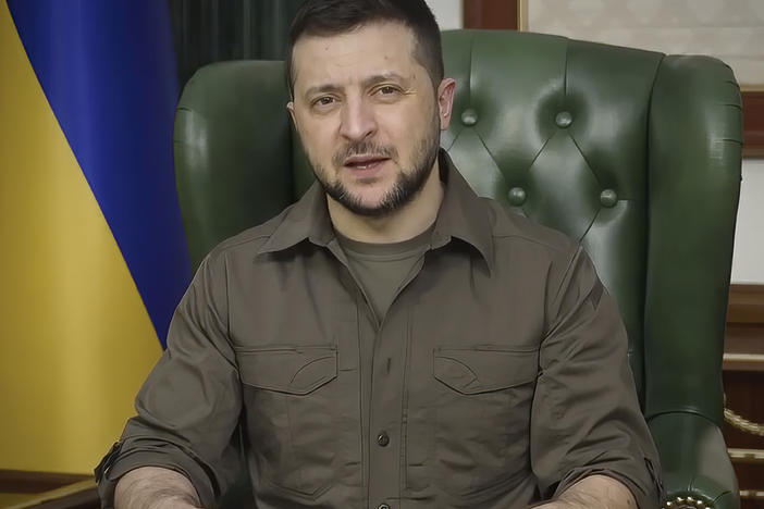 In this image from video provided by the Ukrainian Presidential Press Office, Ukrainian President Volodymyr Zelenskyy speaks from Kyiv, Ukraine, on Monday.