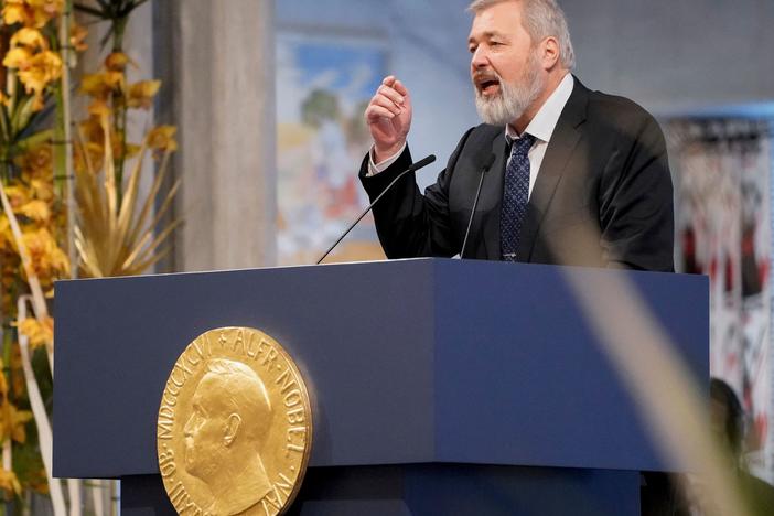 Nobel Peace Prize laureate Dmitry Muratov of Russia speaks during the gala award ceremony for the Nobel Peace prize on Dec. 10, 2021, in Oslo.