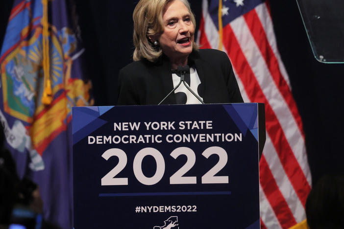 Former Secretary of State Hillary Clinton, shown here at the 2022 New York State Democratic Convention in February, says she has tested positive for COVID-19.
