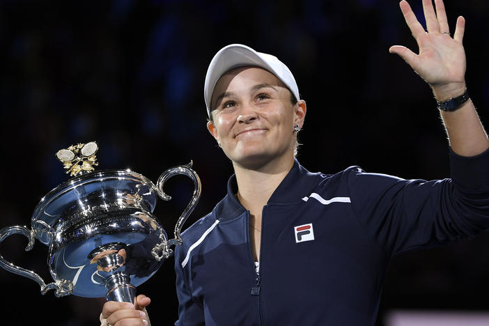 Ash Barty of Australia waves after defeating Danielle Collins of the U.S. in the women's singles final at the Australian Open tennis championships in Melbourne, Australia on Jan. 29, 2022.