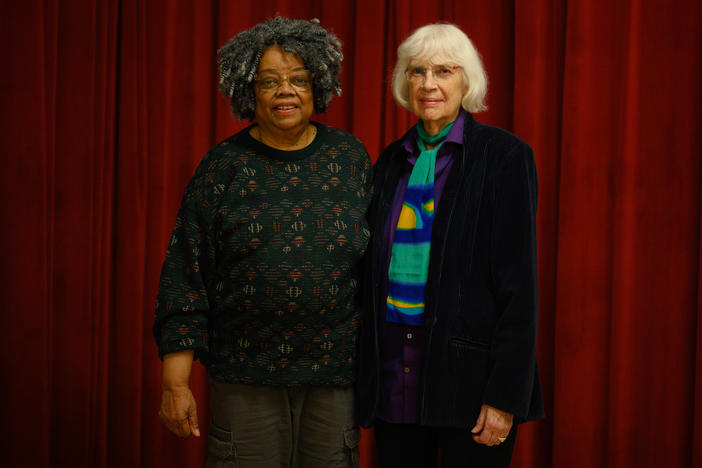 Composer, Mary D. Watkins, left, and librettist, Clare Coss, right, pose for a portrait at Ripley-Grier Rehearsals in New York, NY on March 17, 2022.