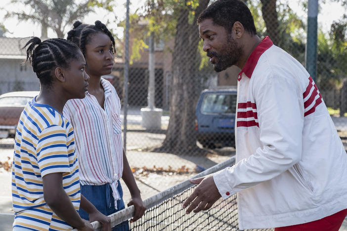 Demi Singleton and Saniyya Sidney with Will Smith in <em>King Richard.</em>