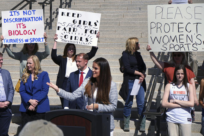 State Rep. Kera Birkeland, a Republican high school basketball coach who led Utah's efforts to ban transgender girls from youth sports, addresses a crowd of supporters on the steps of the Utah State Capitol on Friday in Salt Lake City.