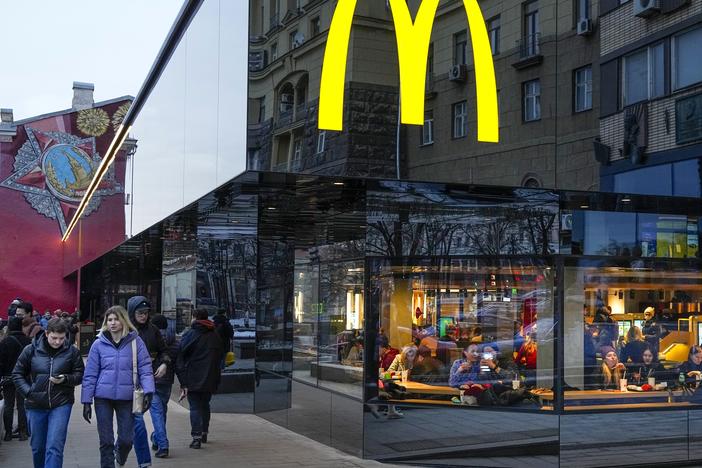 McDonald's has closed its more than 800 restaurants in Russia in response to Russia's invasion of Ukraine. This photo at a Moscow McDonald's was taken on March 13, just before it was closed.