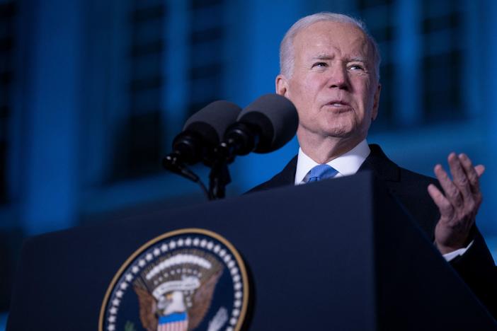 President Biden delivers a speech on Saturday in Warsaw, Poland, about the Russian war in Ukraine.