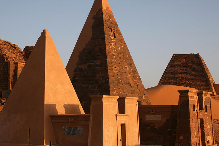 Several pyramids in the morning light in the royal burial grounds in Meroe, Sudan.