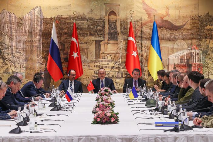 Turkish Foreign Minister Mevlut Cavusoglu speaks during Tuesday's peace talks in Istanbul between delegations from Russia and Ukraine.
