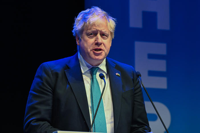 British Prime Minister Boris Johnson speaks at the Scottish Conservative Party conference on March 18 in Aberdeen, Scotland.