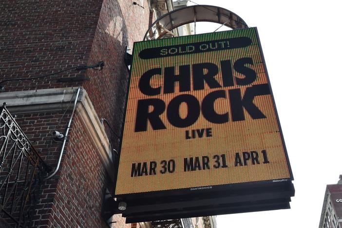 The marquee at the Wilbur Theatre advertises a sold out performance by US comedian Chris Rock in Boston, Massachusetts on March 30.