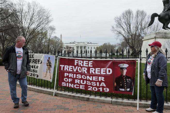 Joey and Paula Reed protest in Lafayette Park near the White House on Wednesday in Washington, D.C. Their son, Trevor Reed, just started a second hunger strike to protest his treatment in a Russian prison.