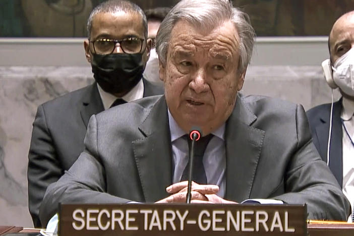 In this image taken from UNTV video, United Nation Secretary-General Antonio Guterres addresses an emergency meeting of the U.N. Security Council on Ukraine to deplore Russia's actions toward the country and plead for diplomacy, Wednesday, Feb. 23, 2022, at U.N. headquarters.