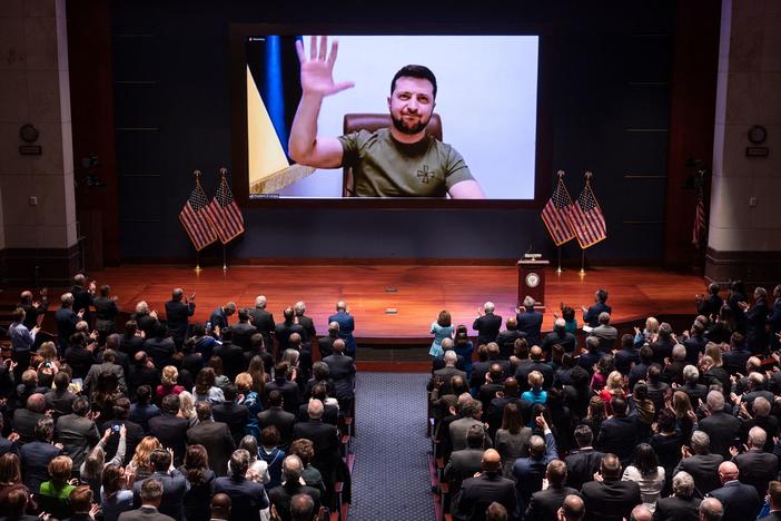 Ukrainian President Volodymyr Zelenskyy addresses the U.S. Congress on March 16, 2022, at the U.S. Capitol in Washington, DC. Since the war began, he has been appealing to world leaders for more support for Ukraine and sanctions on Russia.