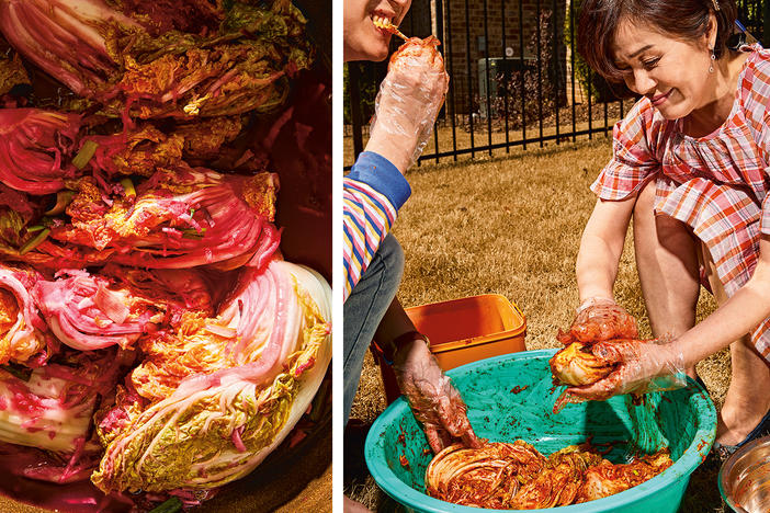 Left: Jean's perfect kimchi. Right: Eric Kim and his mom, Jean, making and tasting kimchi.