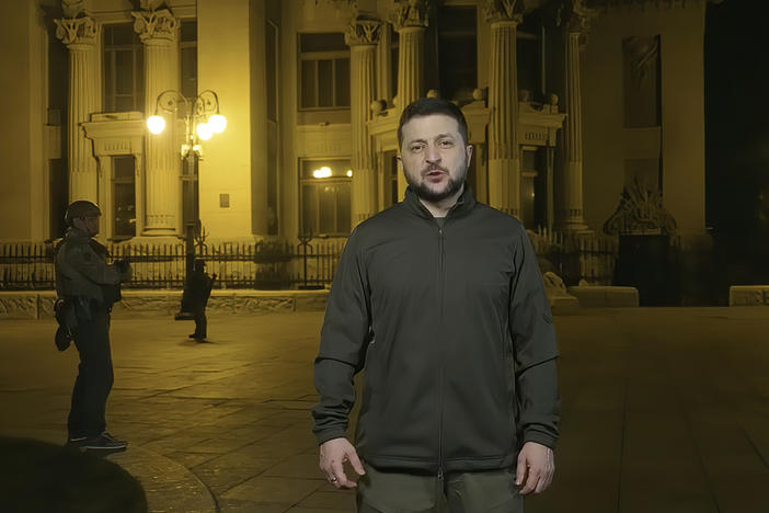 President Volodymyr Zelenskyy speaks from Kyiv on Thursday night. He said he had stripped two generals of their military rank and that all traitors will ultimately be punished.