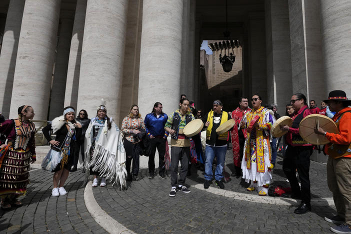 Indigenous artists from across Canada perform in St.Peter's Square, at the Vatican, on Friday after Pope Francis apologized for the Catholic Church's actions in Canadian residential schools.