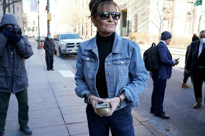 Former Alaska Gov. Sarah Palin answers questions from the media as she arrives at a federal court in Manhattan on February 15, 2022. The 2008 Republican vice presidential candidate filed on April 1, 2022, to run for the open House seat in Alaska.