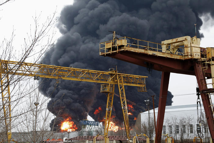 Damage is seen after what Russia says was a Ukrainian Army attack on an oil refinery in Belgorod, Russia, on Friday.
