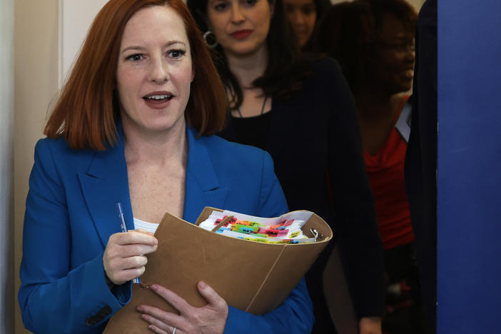 White House Press Secretary Jen Psaki arrives at a White House daily press briefing at the James S. Brady Press Briefing Room of the White House on March 21.