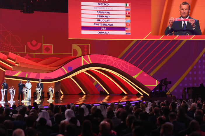 Lothar Matthaus draws the card of USA in Group B during the FIFA World Cup Qatar 2022 Final Draw on Friday in Doha, Qatar.