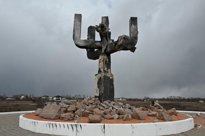 The Menorah memorial is seen outside of Kharkiv at the Drobitsky Yar Holocaust memorial, a location that saw a mass killing of Jewish people by Nazis during WWII. UNESCO included the memorial in its list of sites that have sustained damaged since Russia invaded Ukraine.