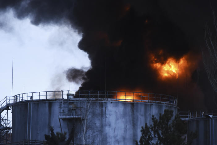 Smoke and fire are seen after shelling in Odesa, Ukraine, Sunday, April 3, 2022.