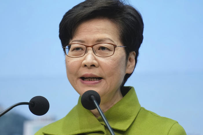 Hong Kong Chief Executive Carrie Lam speaks during a news conference in Hong Kong on Nov. 23, 2021.