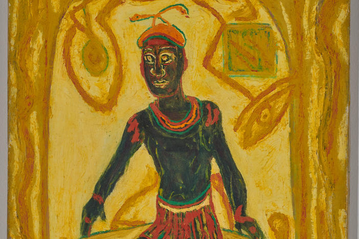 Beauford Delaney's last known self-portrait. The then-70-year-old Delaney portrays himself as wide-eyed, lithe and youthful, and clad in African attire not unlike that of a Maasai warrior. It is the only known self-portrait canvas in which Delaney presents himself full-figure.