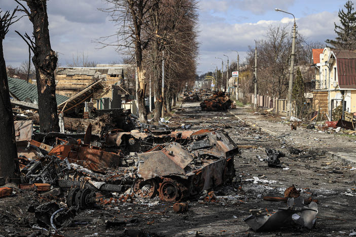 Destruction in Bucha, Ukraine, on Monday.