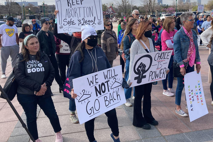 Abortion rights advocates gather outside the Oklahoma Capitol on Tuesday in Oklahoma City to protest several anti-abortion bills being considered by the GOP-led Legislature.