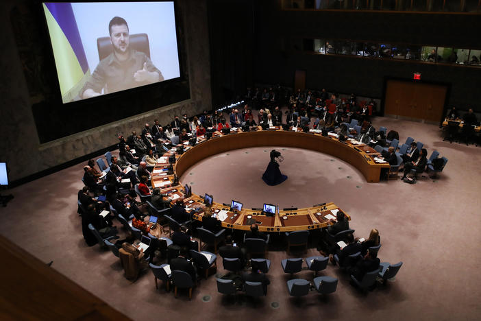 Ukrainian President Volodymyr Zelenskyy addresses the United Nations Security Council via video link on Tuesday in New York City.