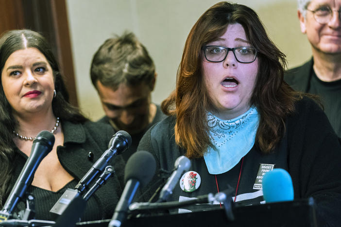 Anti-abortion activist Lauren Handy speaks during a news conference in Washington, D.C., on Tuesday. The anti-abortion group Progressive Anti-Abortion Uprising says it took 115 fetuses from a medical waste truck.