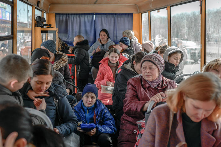 Internally displaced people arrive at a center in Zaporizhzhia, northwest of Mariupol, on Wednesday.