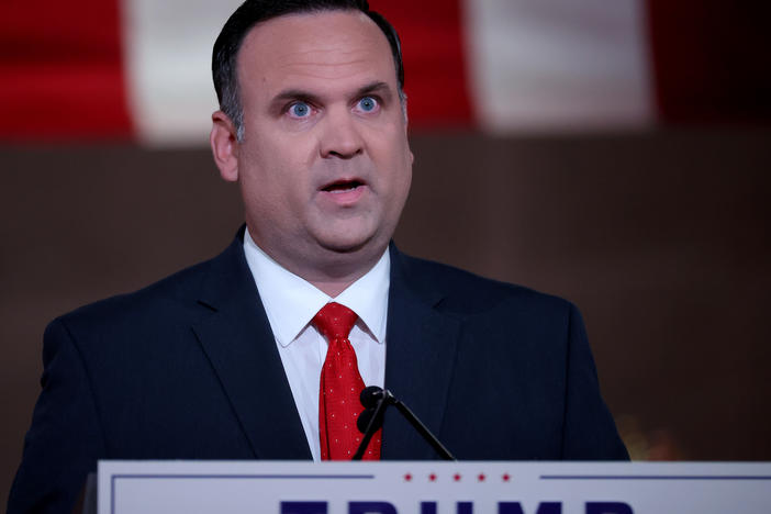 Then-White House Deputy Chief of Staff for Communications Dan Scavino delivers a recorded address for the Republican National Convention on Aug. 26, 2020, in the empty Mellon Auditorium in Washington, D.C.